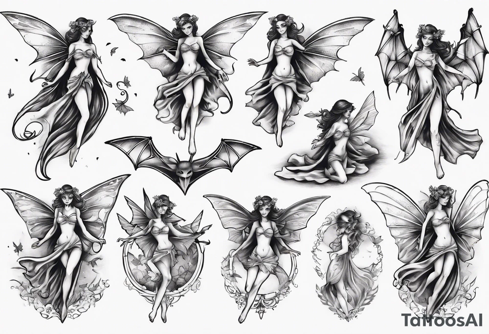 Fairy flying with bat tattoo idea