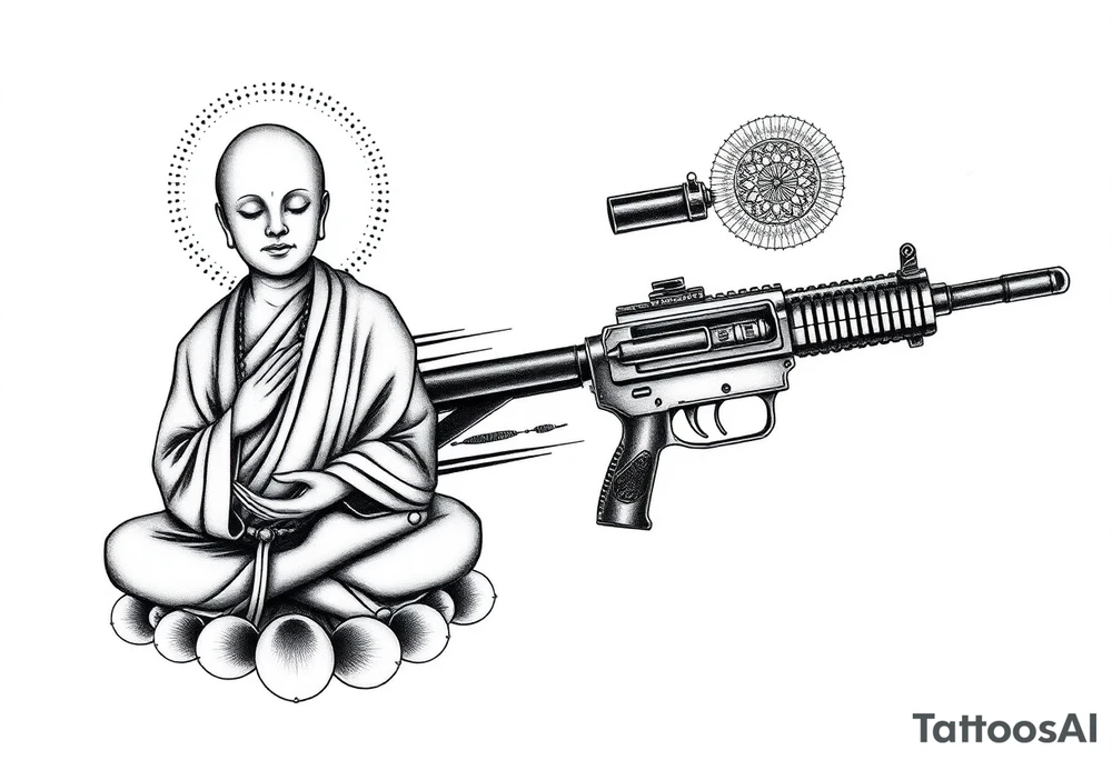"Black ink tattoo fusing war and enlightenment:  
1. LEFT SIDE: Hyper-detailed Buddhist monk in lotus pose (dotwork shading)  
2. RIGHT SIDE: Maxim M1910 machine gun (geometric outline)  
3. TRANSITION ZONE:  
   - Monk's robes dissolve into bullet belts  
   - Prayer beads become ammunition links  
   - Third eye aligns with gun sights  

Key details:  
- Mirror embedded in gun's scope (reflects wearer's eye)  
- Micro-text along barrel: *"Пустота стреляет"* (0.3mm font)  
- Mandala-shaped muzzle flash  

Style: Neo-tribal meets ukiyo-e. Size: 15cm forearm sleeve. No colors." tattoo idea