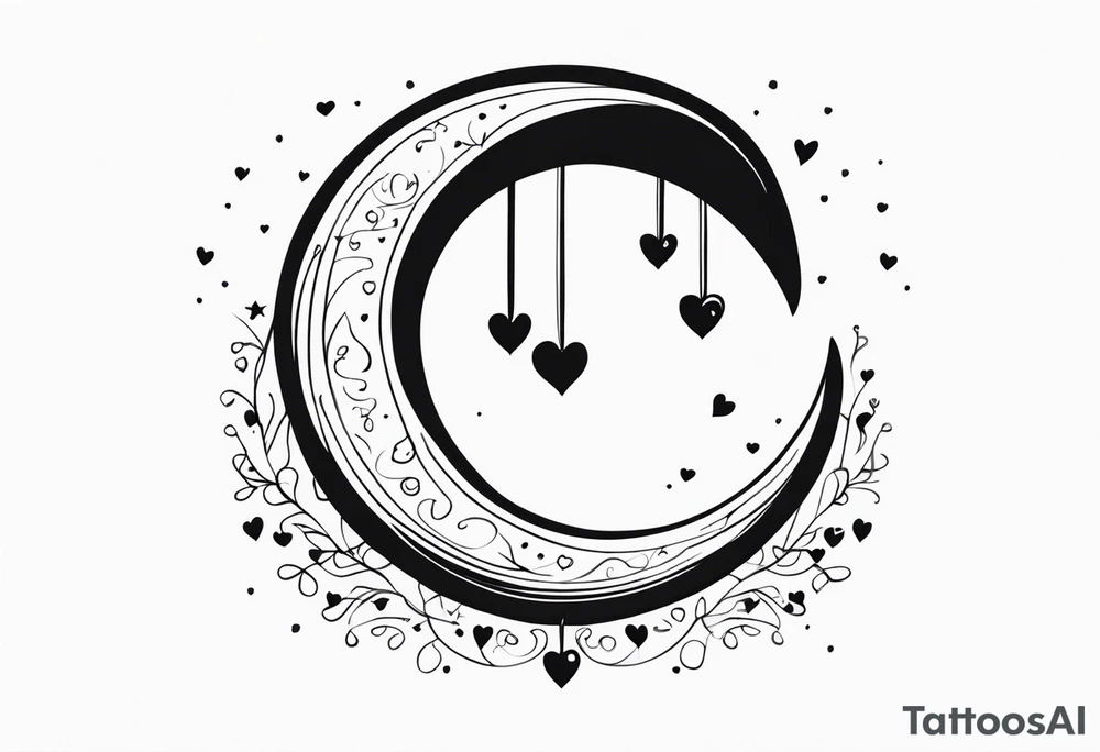 Crescent moon with hearts dangling from the bottom of it tattoo idea