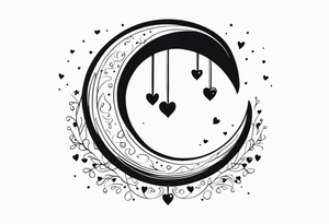 Crescent moon with hearts dangling from the bottom of it tattoo idea
