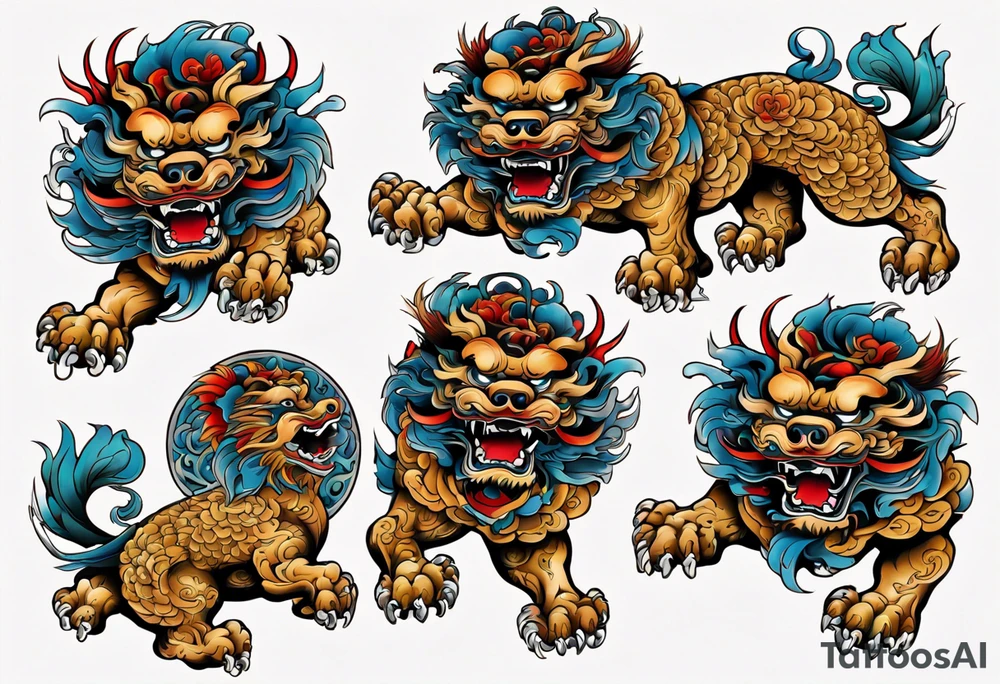 Foo dog left leg sleeve tattoo idea