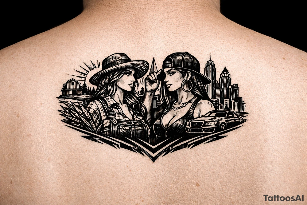 Black Country Mas presenting Girl from farmlands of North Florida to Black Mas presenting City girl of Metro Atlanta tattoo idea