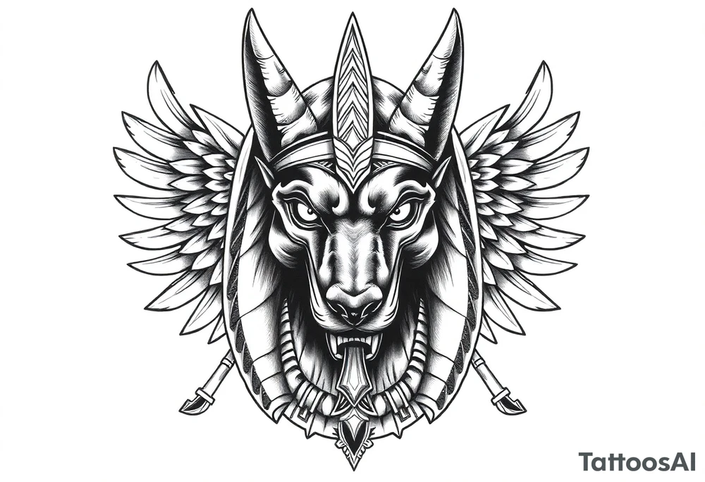 Egyptian Anubis god face muscle in Egypt style  with mantle on head with white eyes 

dog face surrounded Egyptian symbols based on elements tattoo idea