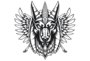 Egyptian Anubis god face muscle in Egypt style  with mantle on head with white eyes 

dog face surrounded Egyptian symbols based on elements tattoo idea