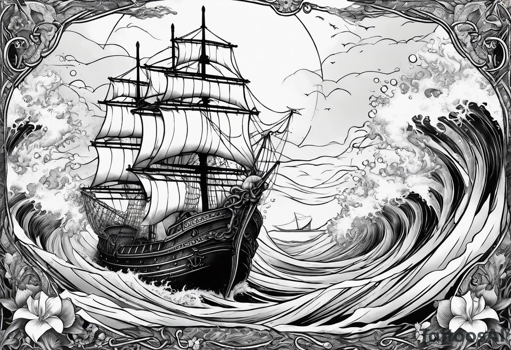 ship sinking with a mermaid on the right holding a rope the mermaid on the left holding a dagger tattoo idea