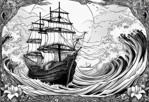 ship sinking with a mermaid on the right holding a rope the mermaid on the left holding a dagger tattoo idea