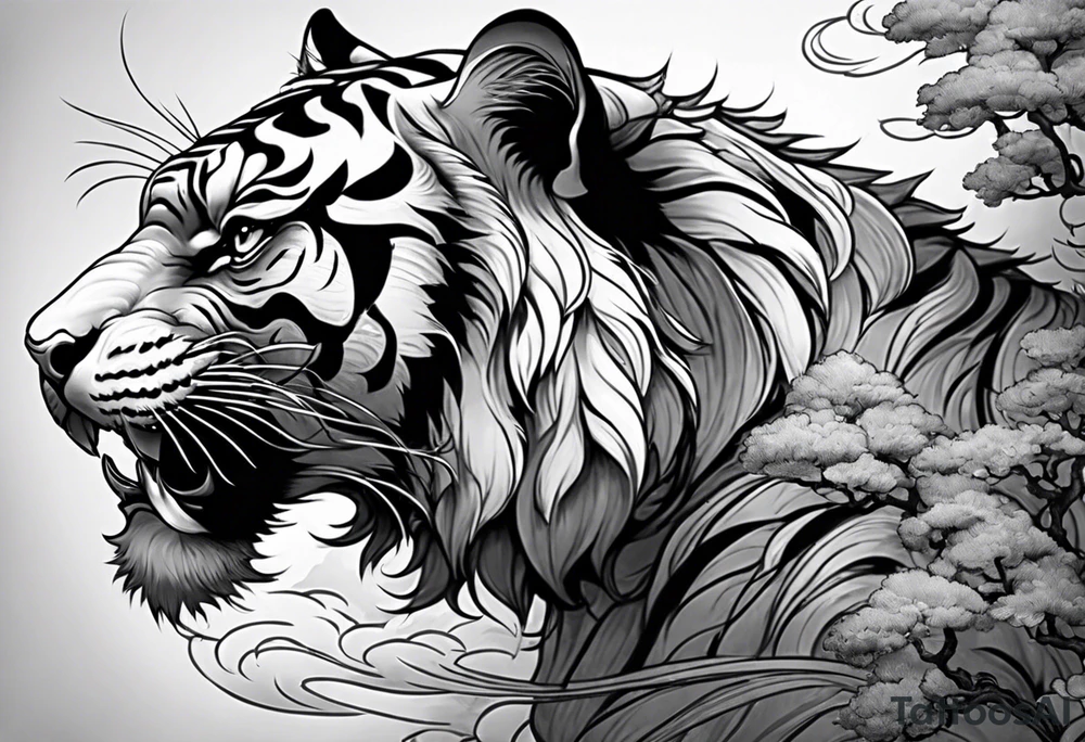 Asian Japanese Chinese style tiger with a full body not just head twisting body for a forearm half sleeve, clouds tattoo idea
