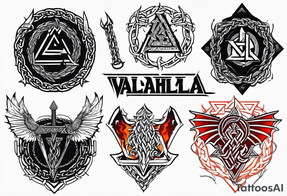 Valhalla sword shield dragon axe Valknut barbed wire chains fire tattoo idea Valhalla sword shield dragon axe Valknut barbed wire chains fire tattoo idea