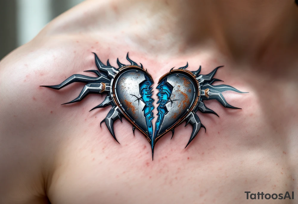 A metallic heart split down the middle, rusting at the edges with blue circuitry exposed inside, symbolizing a lost but once-powerful connection. tattoo idea