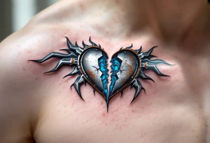 A metallic heart split down the middle, rusting at the edges with blue circuitry exposed inside, symbolizing a lost but once-powerful connection. tattoo idea