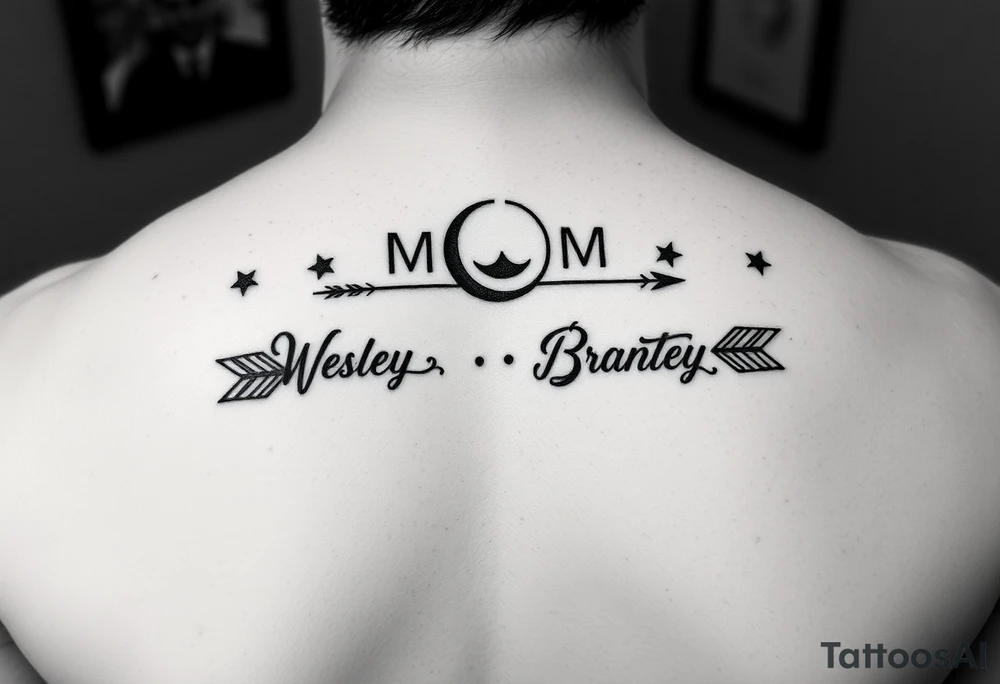 Mom 3 sons name tattoo Wesley Brantley Logan with arrows and moons and stars tattoo idea
