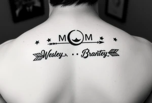 Mom 3 sons name tattoo Wesley Brantley Logan with arrows and moons and stars tattoo idea