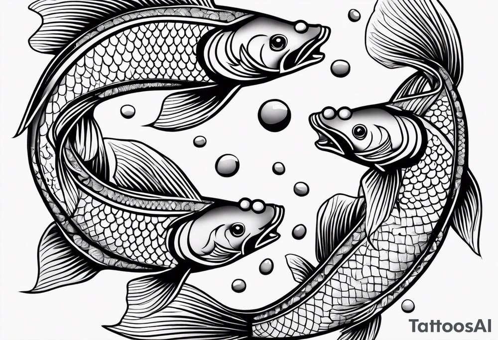 A male and female blue koi fish with three babies and eggs tattoo idea