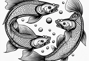 A male and female blue koi fish with three babies and eggs tattoo idea