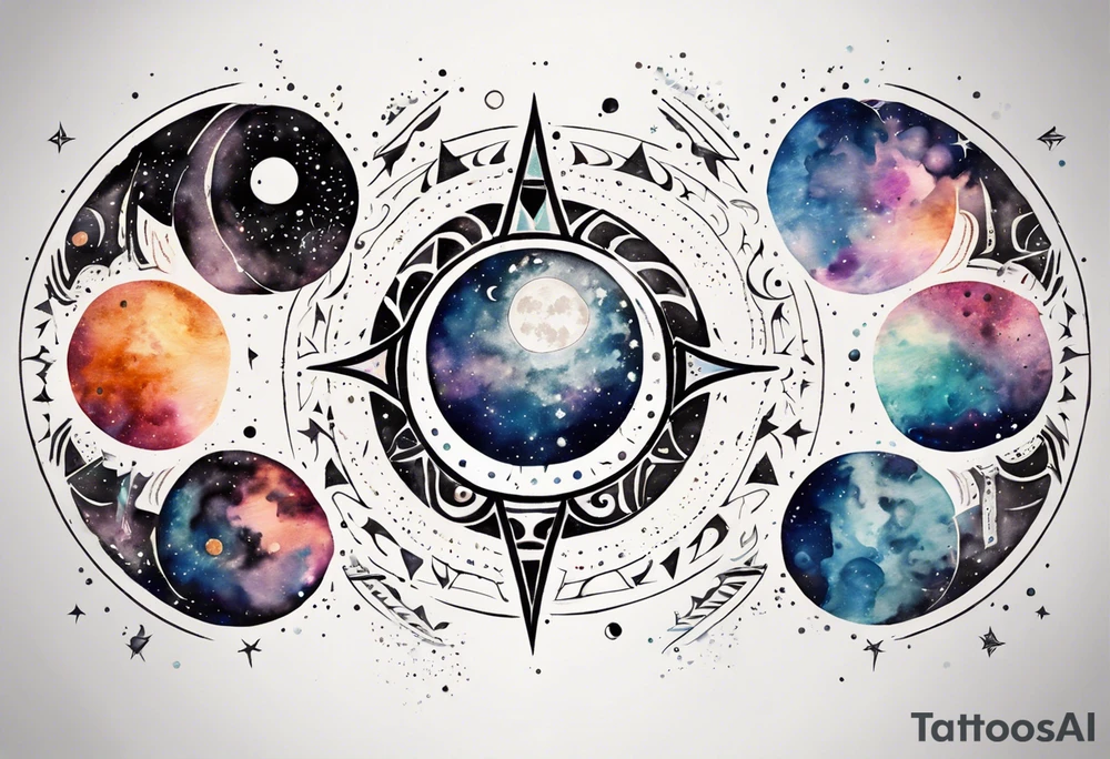 Shoulder to shoulder, moon phase, Tribal Tattoo design that depicts with tribal patterns, geometric swirls, mesmerizing blend of vibrant watercolor splatter, stars, and galaxies, dreamy and otherworldly effect, solar system,astronomy tattoo idea