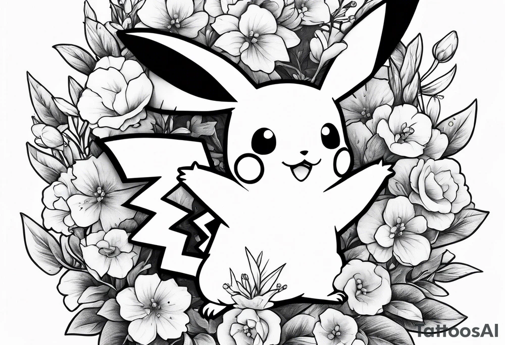 Pikachu Holding bouquet of forget me nots tattoo idea