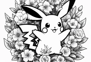 Pikachu Holding bouquet of forget me nots tattoo idea