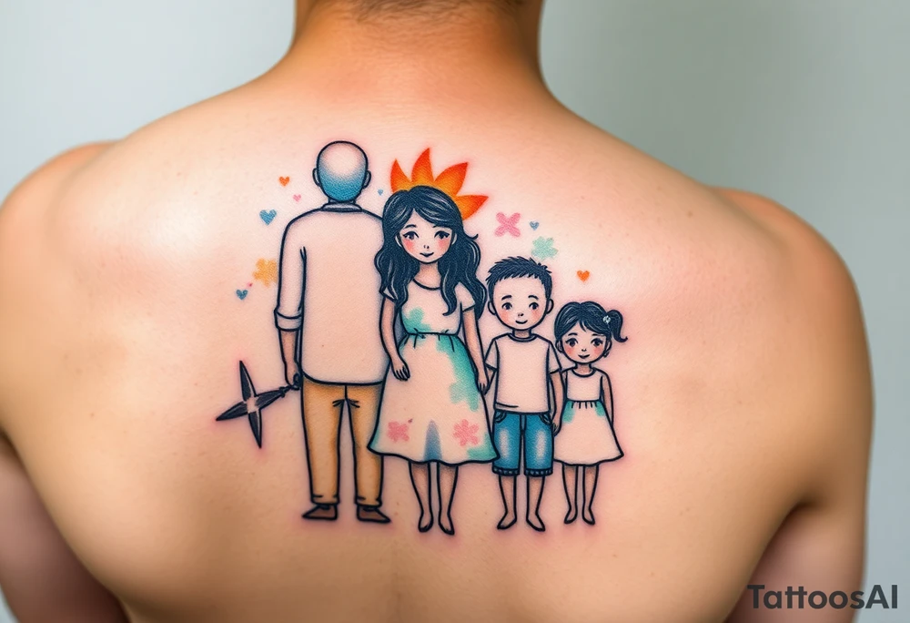 Family 2 parents 2 kids with colour around the caracters and empty caracters tattoo idea