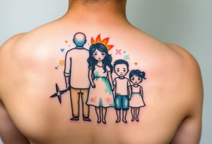 Family 2 parents 2 kids with colour around the caracters and empty caracters tattoo idea