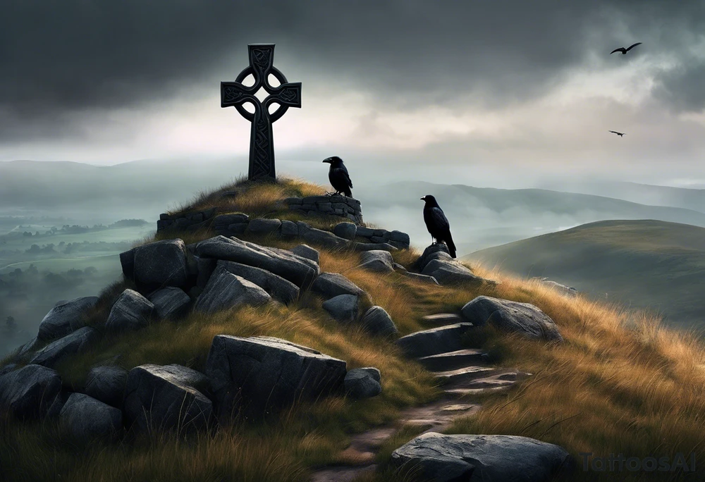 A stone Celtic cross solemnly standing atop a hill, a raven perches atop the cross staring out over the desolation. A ruined stone wall lies crumbling near the cross. Mist rolls along the hilltops adding to the melancholic nature of the scene. tattoo idea