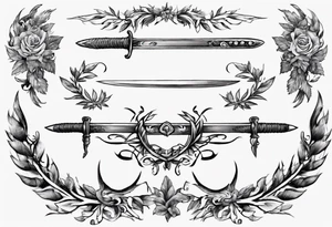 tattoo uses all the following details - the number 13, a sword, a laurel leaf wreath, and amor fati. tattoo idea