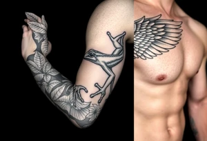 Full Sleeve tattoo including details of jungle leaves, Taino frog , Puerto Rican tribal patterns, angel wing tattoo idea