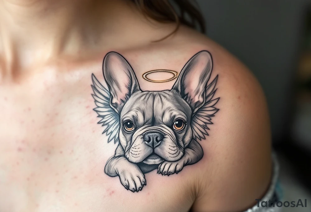 French Bulldog with angel wings and a halo, in memory style, colored in soft gray and white with faint light blue highlights. tattoo idea
