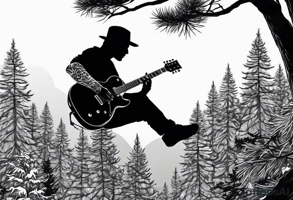 silhouette of a man playing electric guitar while sitting in a pine tree. tattoo idea