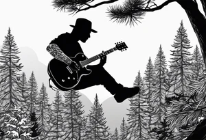 silhouette of a man playing electric guitar while sitting in a pine tree. tattoo idea