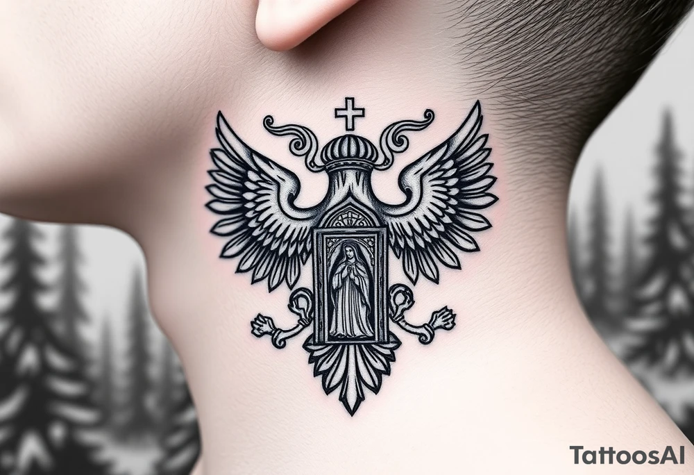 russian coat of arms double headed eagle traditional christian orthodox cross with a virgin mary stood in the entrance of a russian orthodox dome church on the side of the neck in a wilderness setting tattoo idea