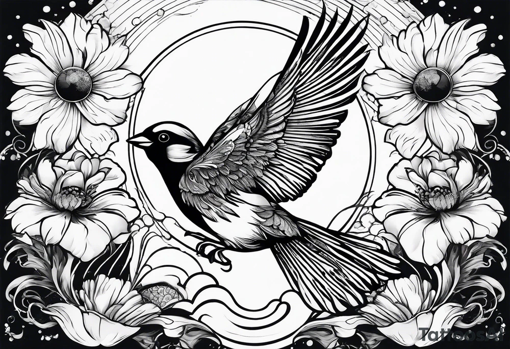 mens neck sleeve sparrow, om symbol, cosmos, iris, daisy, sun rays clouds tattoo idea