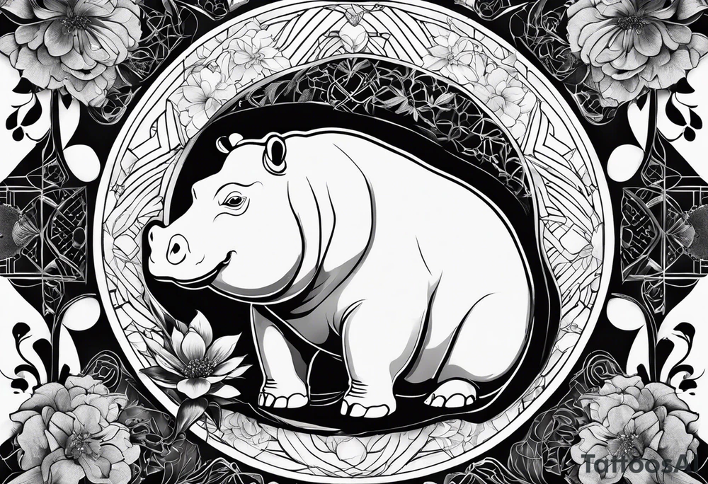 Very asymmetrical, +geometric pattern, with realistic full moon, with seeious looking hippo, +zen feel, + Buddhism touch,
with wintersweet flower bud, +portrait orientation, +inkart touch, tattoo idea