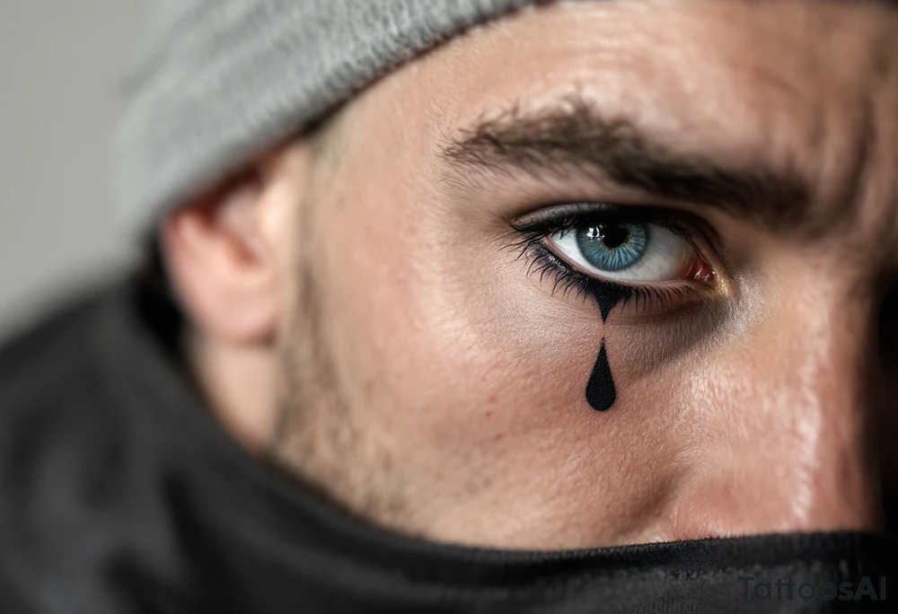 black ink bold teardrop under a man’s right eye – raw and confrontational. on man´s face under an eye. tattoo idea