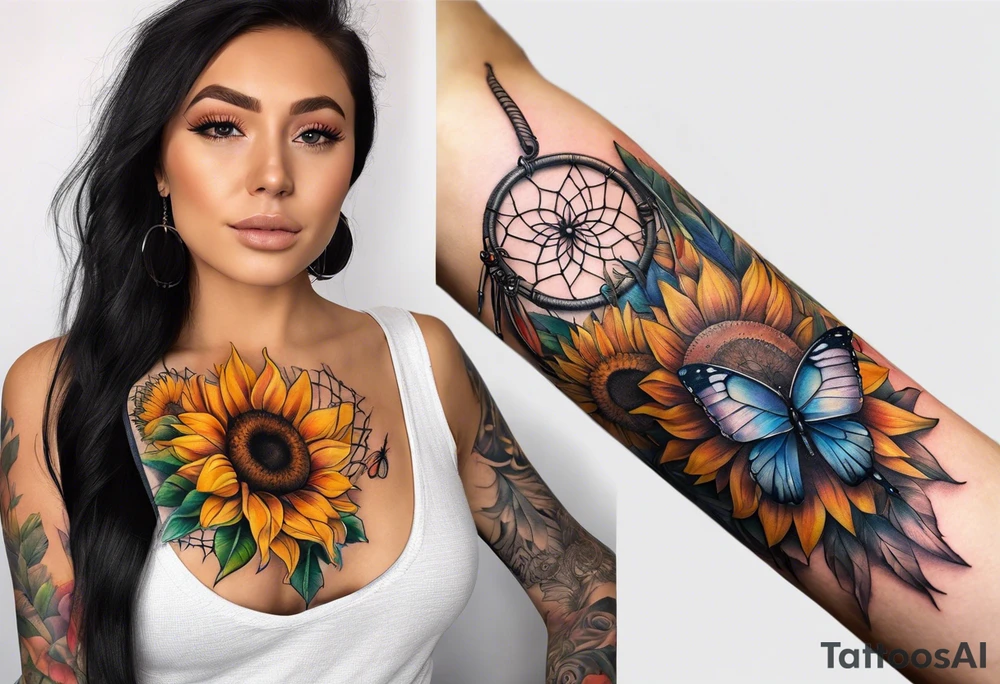 arm sleeve with dreamcatcher, rainbow sunflowers and one butterfly tattoo idea
