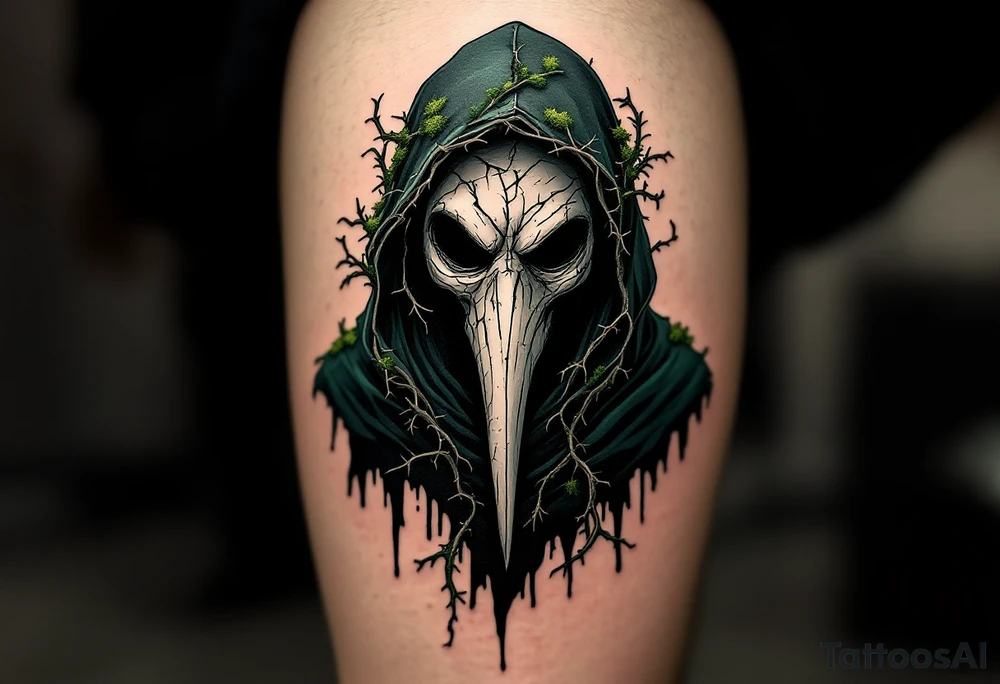 Plague Doctor with Thorned Vines – A mysterious plague doctor with tipical long nose mask cloaked in dark green and black, with thorny vines creeping over the robe and mask, symbolizing death and rebirth. The mask is cracked, with moss growing in its crevices. tattoo idea