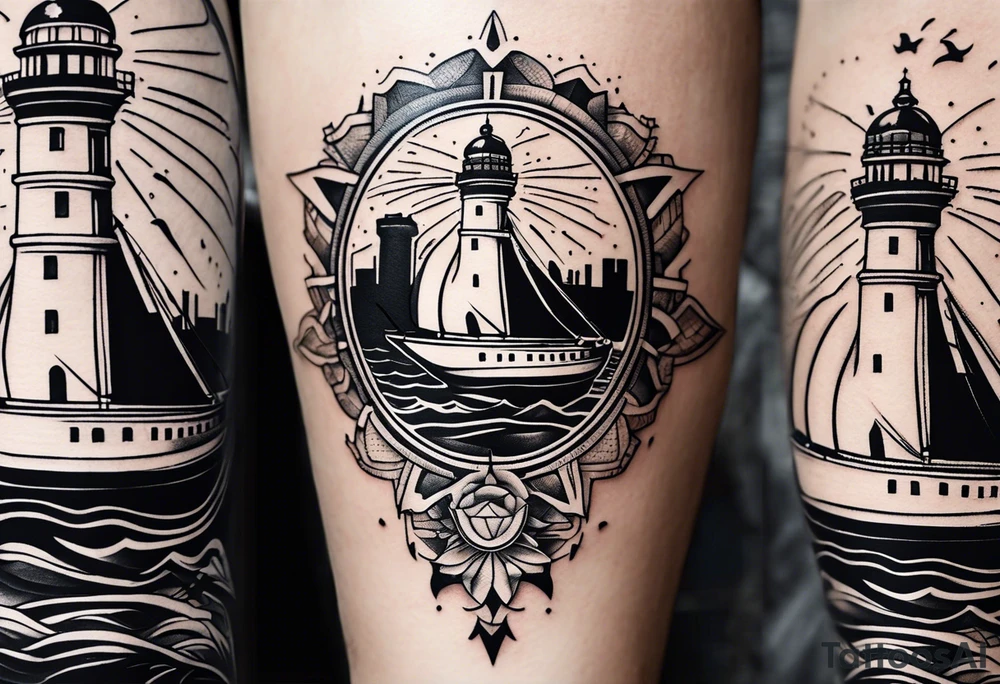 This tattoo depicts the city of Odesa. The main symbols of this city are a ship's wheel, a lighthouse, the Potemkin Stairs, and the sea. The placement of the tattoo is on the front of the thigh. tattoo idea