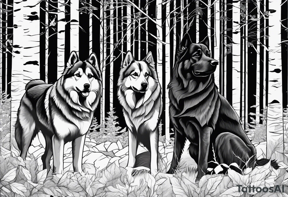 two norwegian elkhounds guarding a dark forest against a bear tattoo idea two norwegian elkhounds guarding a dark forest against a bear tattoo idea