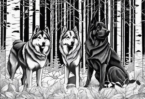 two norwegian elkhounds guarding a dark forest against a bear tattoo idea