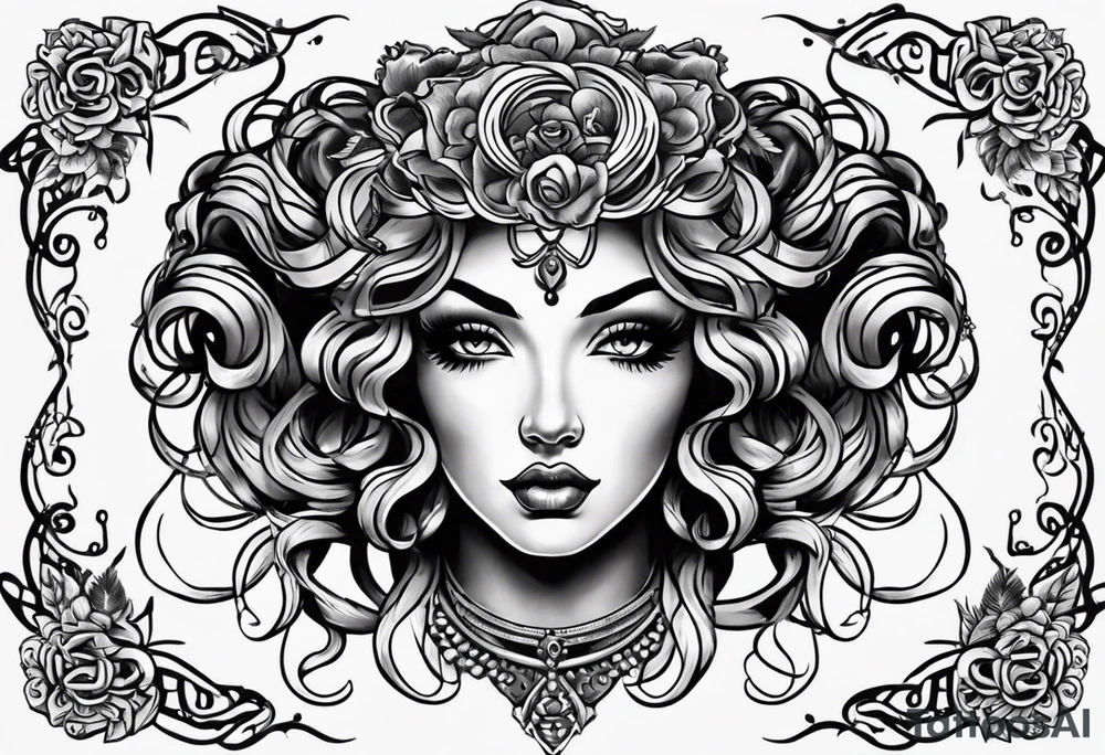 Medusa lady head neo traditional tattoo idea