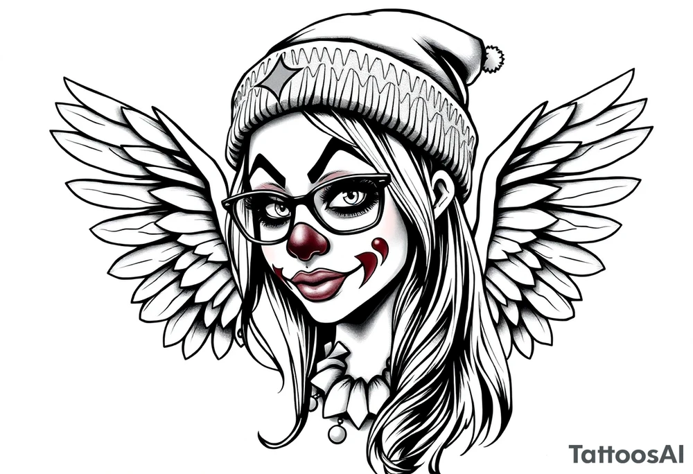 Clown Girl eye glasses long hair
Thug Beanie Angelic Wings tattoo idea