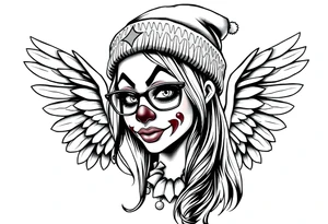 Clown Girl eye glasses long hair
Thug Beanie Angelic Wings tattoo idea