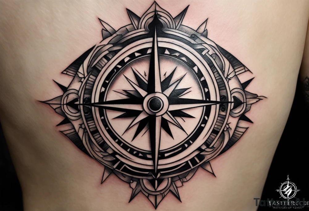 Design a Black and White tattoo featuring a compass as the central element. The compass should have sharp, bold lines and intricate markings for the cardinal directions. A prominent scar runs diagonally behind the compass, slightly tilted, with smooth but jagged edges and tapered ends. The scar should appear as a healed wound integrated into the compass’s design, creating a strong contrast between the compass and the scar. Use minimal shading to enhance depth while maintaining the high contrast typical of Black and White tattoos tattoo idea