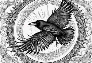 Cunning Raven flying towards Sun. tattoo idea