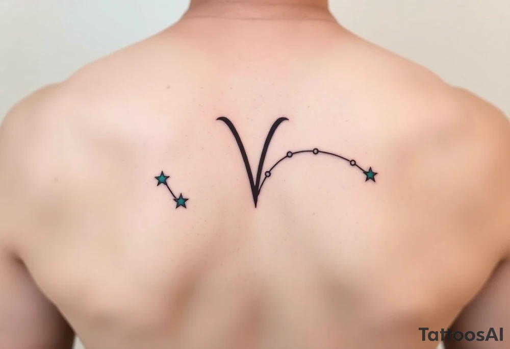 A minimalist Virgo sign in burnt sienna is followed by a sweeping arc of teal stars forming the constellation. tattoo idea