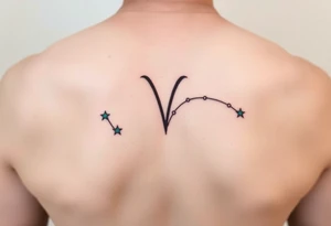 A minimalist Virgo sign in burnt sienna is followed by a sweeping arc of teal stars forming the constellation. tattoo idea