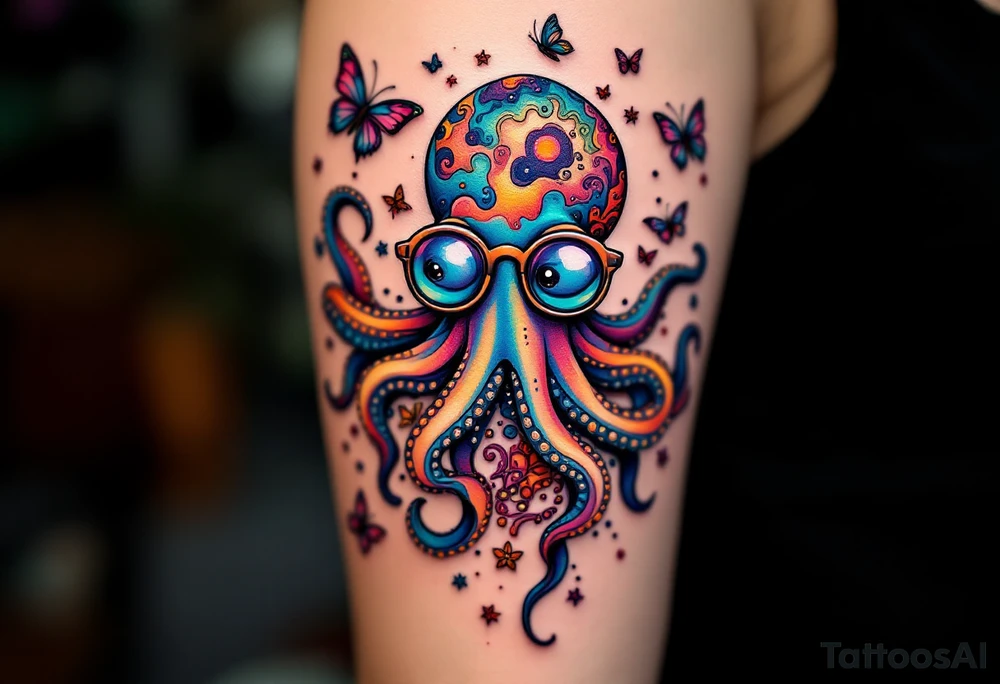 cute octopus, wearing glasses, friendly, surrounded by butterflies and oceanic items tattoo idea