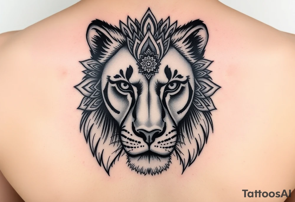 a female lion with no mane. A line going down the middle of her face and 1 side is a realistic lionses face, and the other half of the face is made up of mandalas tattoo idea