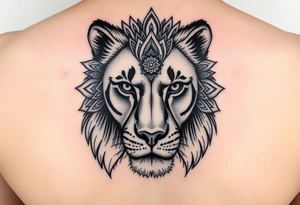 a female lion with no mane. A line going down the middle of her face and 1 side is a realistic lionses face, and the other half of the face is made up of mandalas tattoo idea