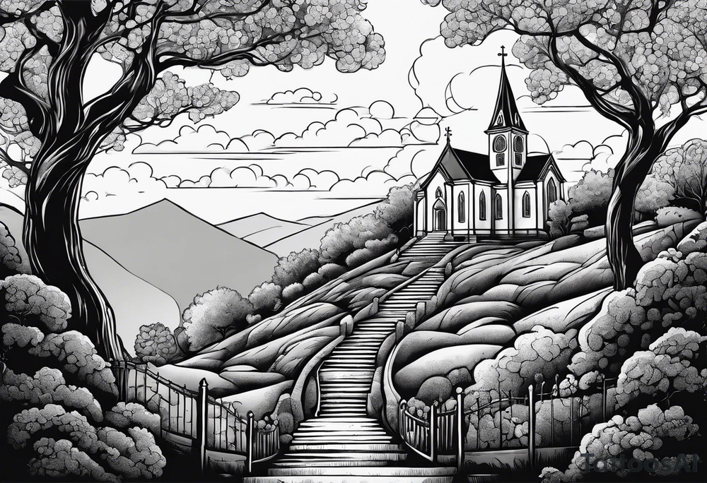 couple with 2 sons walking up on stairs on the hill and on the top of the hill is church and next to it is family tree tattoo idea
