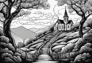 couple with 2 sons walking up on stairs on the hill and on the top of the hill is church and next to it is family tree tattoo idea